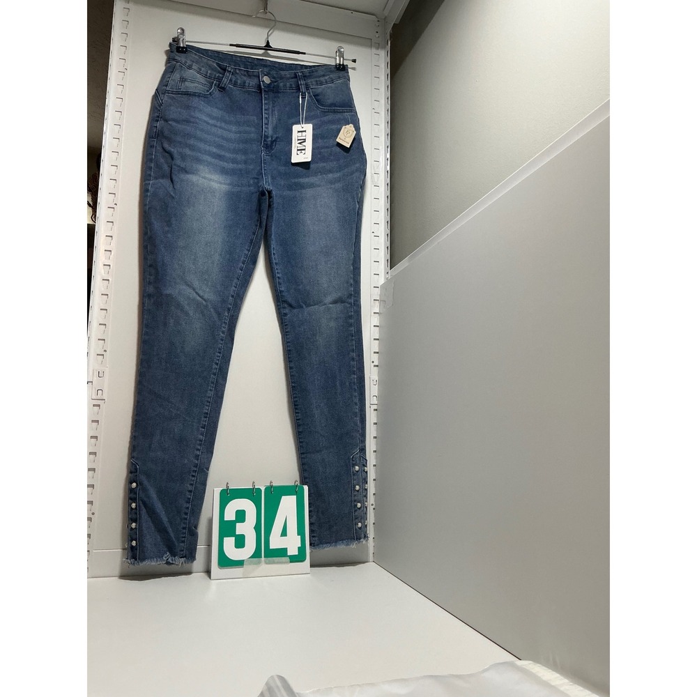 HME Women XL Blue Skinny Jeans Pearl Rhinestone Embellished Frayed Hem Stretch